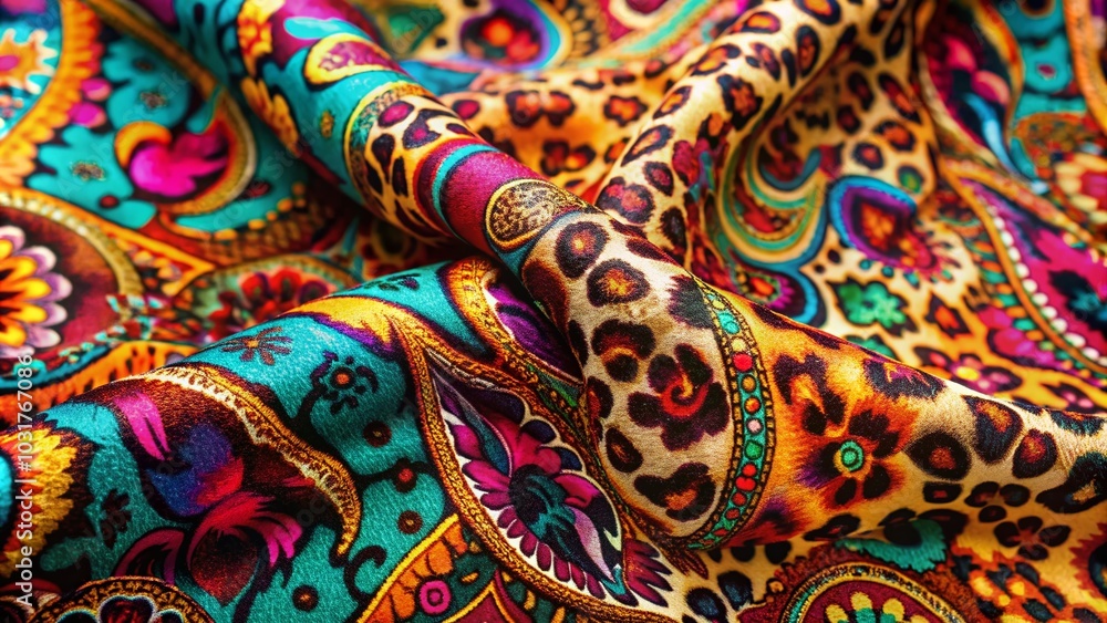 Vibrant Leopard Print Fabric with Paisley Pattern Seamlessly Blending Colorful Textures for Fashion and Design Projects Vibrant Leopard Print Fabric with Paisley Pattern Seamlessly Blending Colorful Textures for Fashion and Design Projects