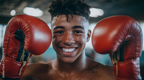 A young boxer raising their gloves in victory after a tough match smiling with pride and determination.