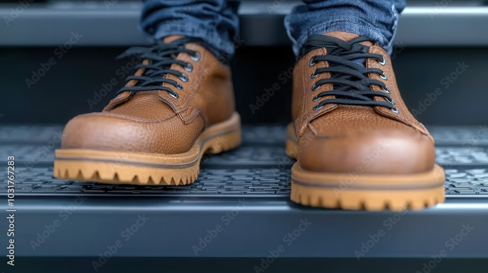 Brown Leather Boots with Black Laces on Stairs Brown Leather Boots with Black Laces on Stairs