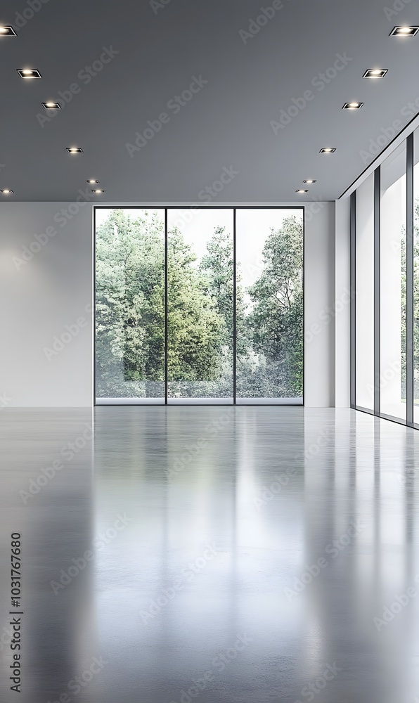 77. An empty gallery with a polished concrete floor 77. An empty gallery with a polished concrete floor