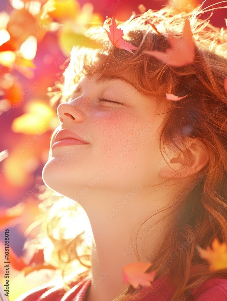Fototapeta premium Woman Enjoying Autumn Leaves with Blissful Expression