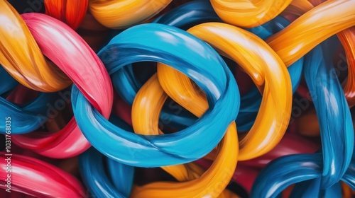Abstract background with colorful intertwined loops in blue, yellow, pink and red.