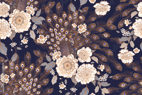 Flowers and peacock. Seamless floral pattern.Vintage Vector