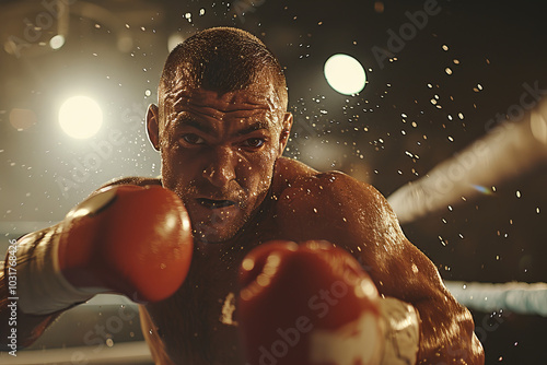 Intense close up of focused boxer throwing powerful punch with water droplets and bright lights highlighting action, sweaty boxer channels all his strength and determination into forceful blow photo