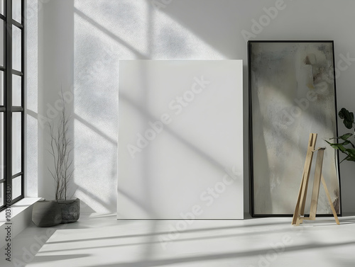 Minimalist White Room with Blank Canvas and Easel.