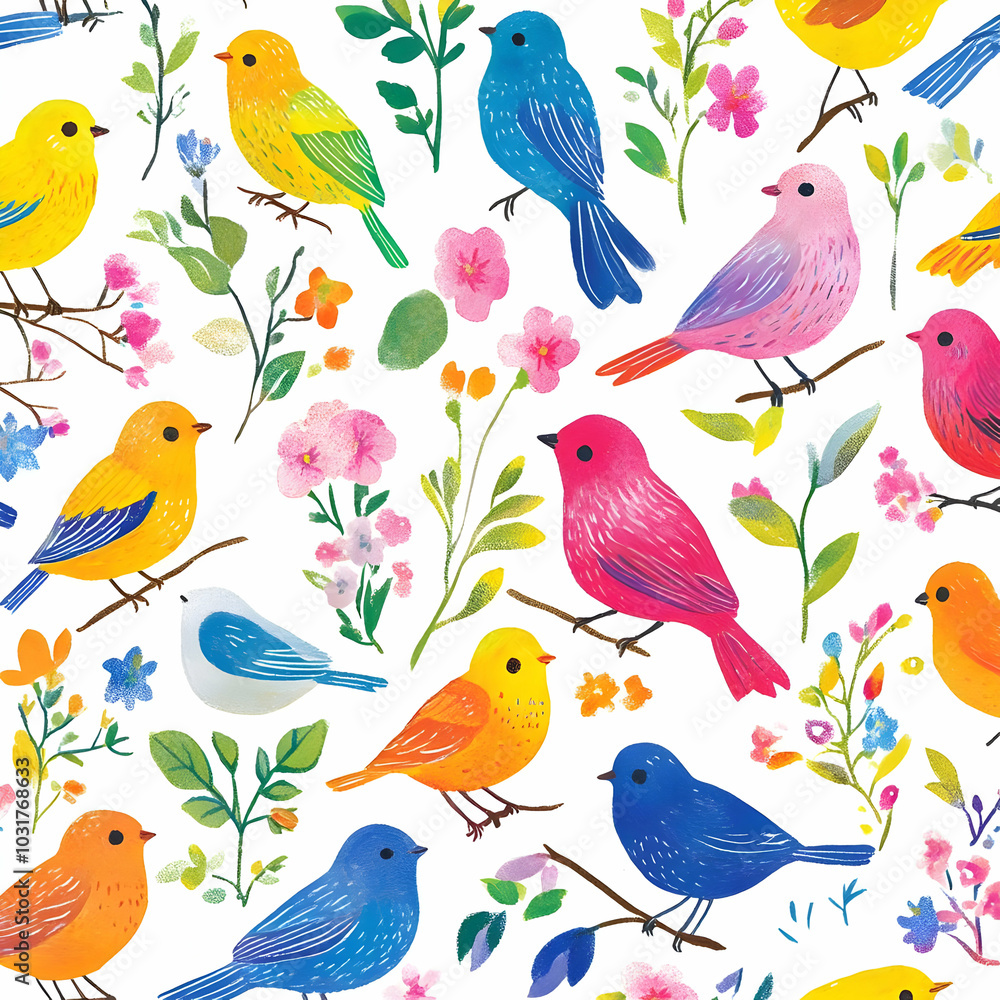 Colorful Birds and Flowers Seamless Pattern. Colorful Birds and Flowers Seamless Pattern.