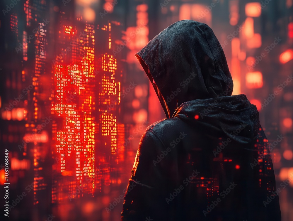 hacker cloaked in shadow, wearing a mask, surrounded by digital effects and codes, creating a tense atmosphere of mystery and intrigue in a dark-themed environment hacker cloaked in shadow, wearing a mask, surrounded by digital effects and codes, creating a tense atmosphere of mystery and intrigue in a dark-themed environment