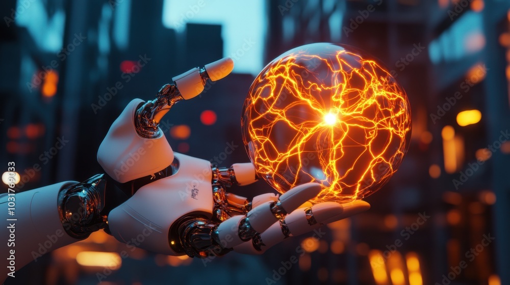Robot Hand Holding Glowing Electric Sphere Robot Hand Holding Glowing Electric Sphere