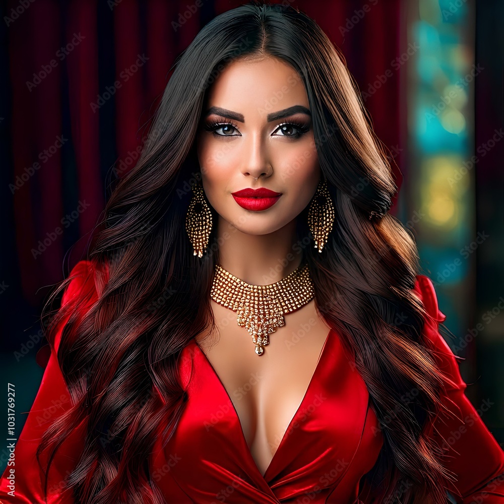 A beautiful girl with long hair posing for the camera, luxurious velvet dress and jewelry A beautiful girl with long hair posing for the camera, luxurious velvet dress and jewelry