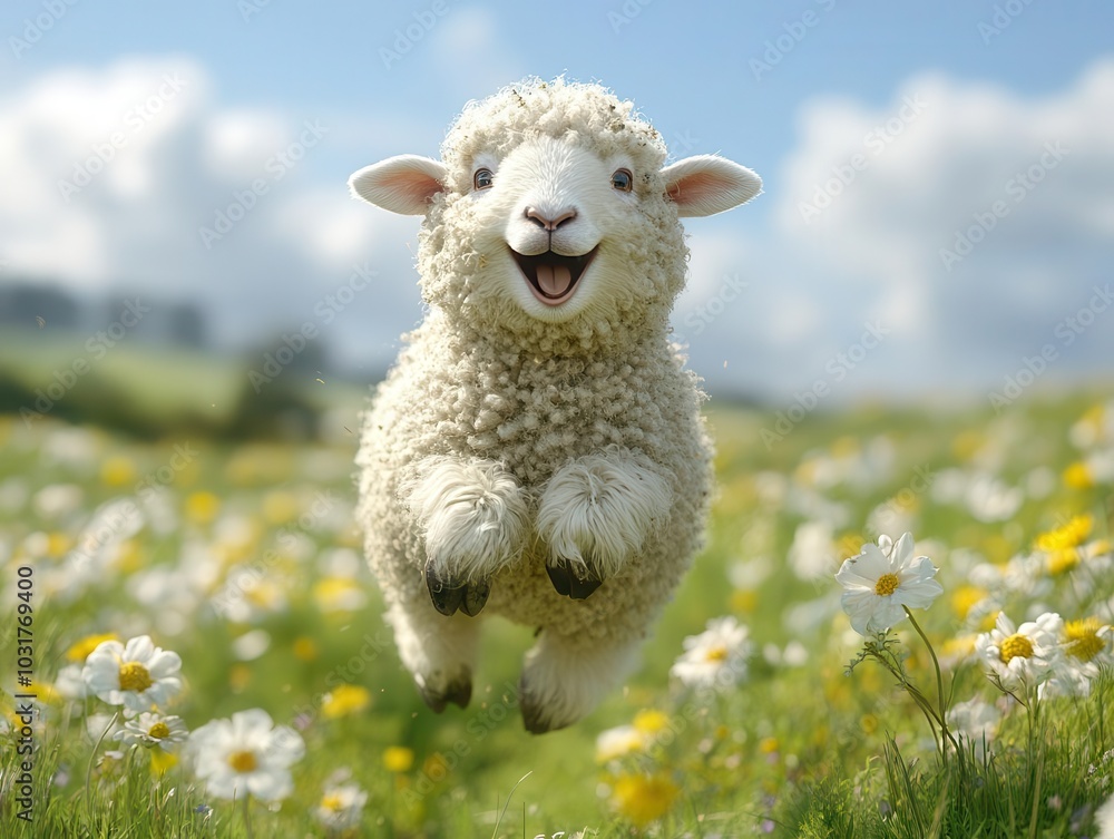 Fototapeta premium happy sheep joyfully jumping in a vibrant green field, isolated against a bright blue sky, capturing a playful and carefree spirit that embodies the essence of pastoral life