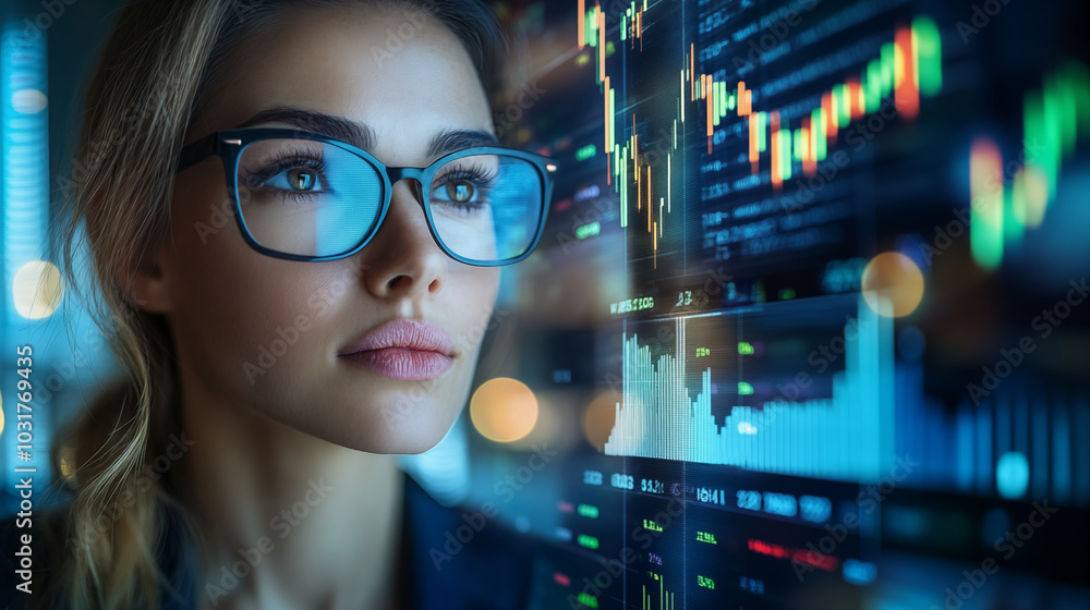 A portrait image of an elegant woman with eyeglasses , background is a stock trading graph and set index of stock market and investment. A portrait image of an elegant woman with eyeglasses , background is a stock trading graph and set index of stock market and investment.