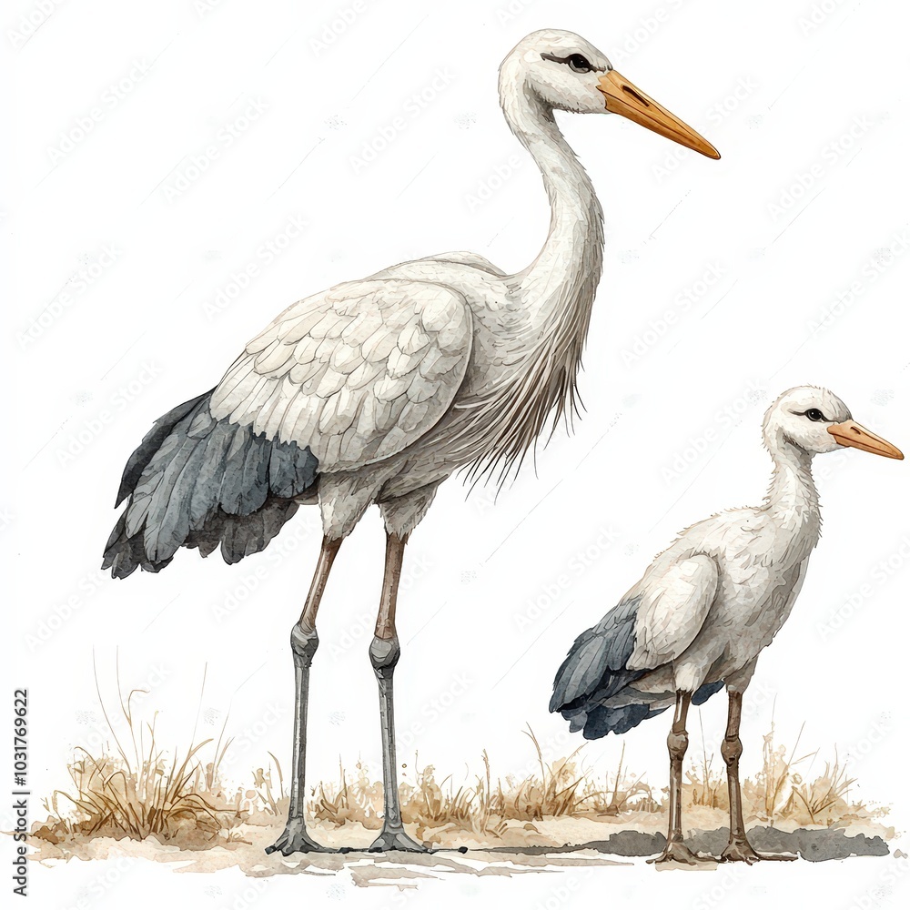 Obraz premium Watercolor Illustration of Adult and Baby Stork Standing in Grass