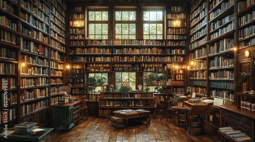 Cozy library filled with books and natural light. Cozy library filled with books and natural light.