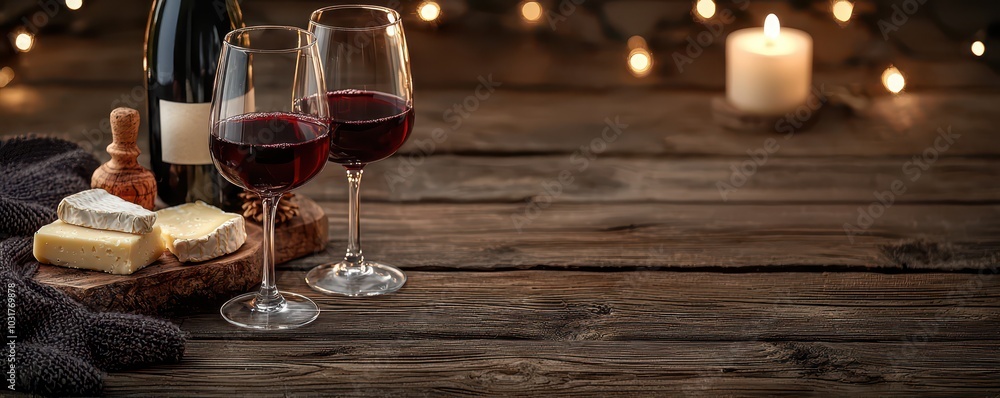 Rustic wood table set with wine glasses and cheese, perfect for gatherings and celebrations, open space for your text. Rustic wood table set with wine glasses and cheese, perfect for gatherings and celebrations, open space for your text.