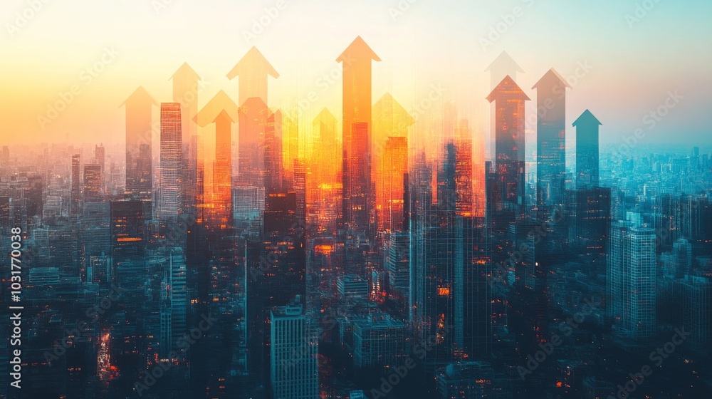 Dynamic Cityscape with Growth Arrows Dynamic Cityscape with Growth Arrows