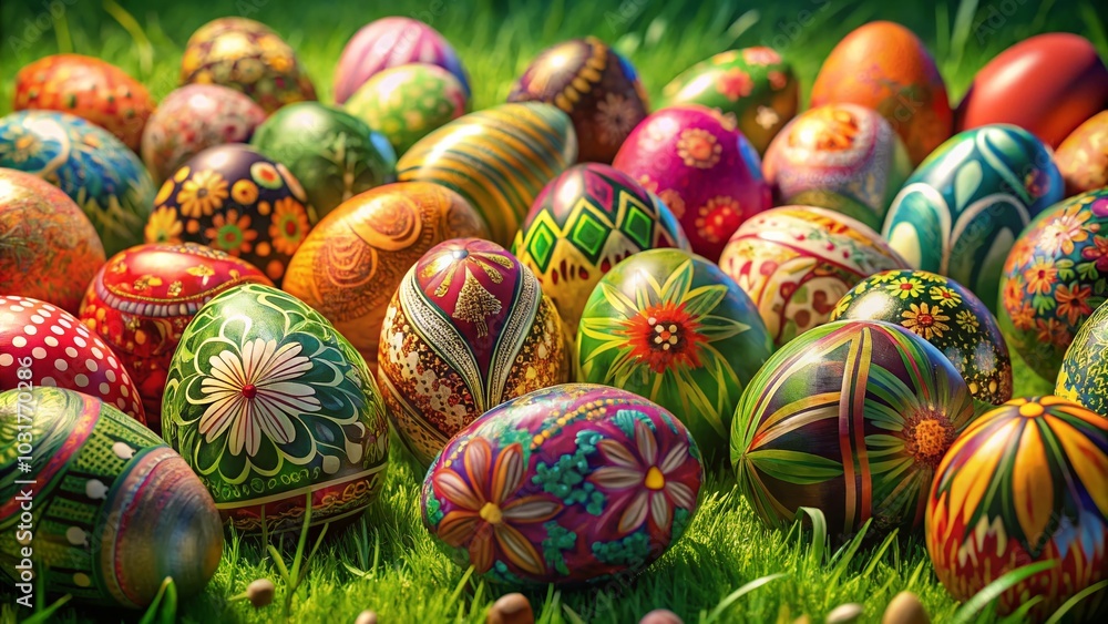 Obraz premium Vibrant Painted Easter Eggs on Lush Green Background for Spring Celebrations