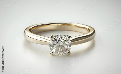 Solitaire Diamond Engagement Ring on White Background.