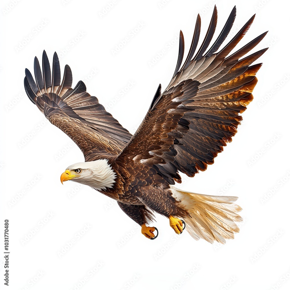 Obraz premium Majestic Bald Eagle Soaring in Flight Isolated on White Background
