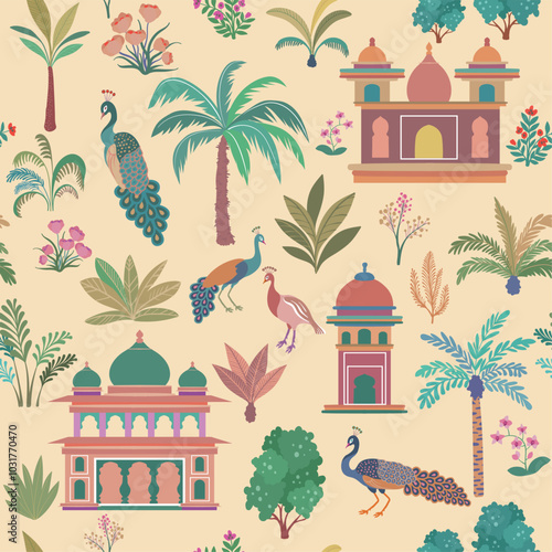 Seamless pattern with Indian gardens design elements set, garden trees, palms, peacock architectural arches and palaces
