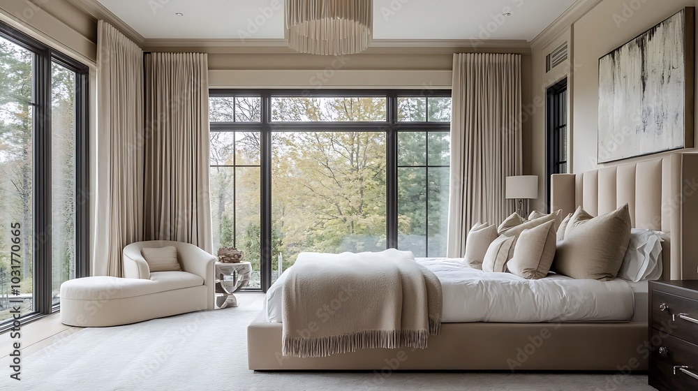 Fototapeta premium Elegant and Cozy Modern Bedroom Interior Design with Stylish Decor, mockup, poster and Background