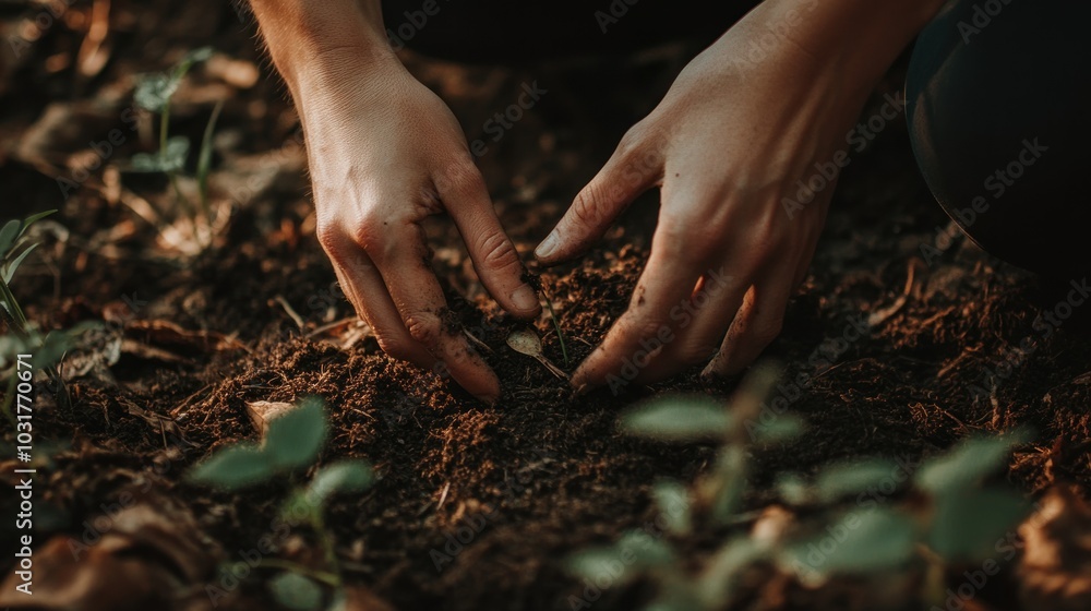 Hands Gently Touching Soil and a Sprout in a Garden Hands Gently Touching Soil and a Sprout in a Garden