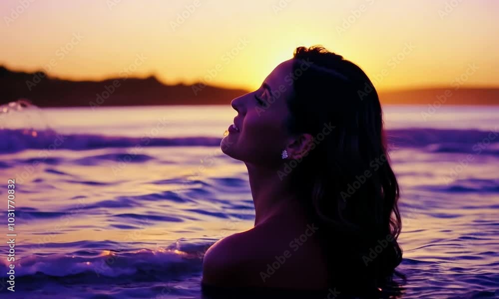 A woman with her eyes closed, relaxing in the ocean at sunset. The water is a beautiful purple color and the sun is setting in the background. A woman with her eyes closed, relaxing in the ocean at sunset. The water is a beautiful purple color and the sun is setting in the background.
