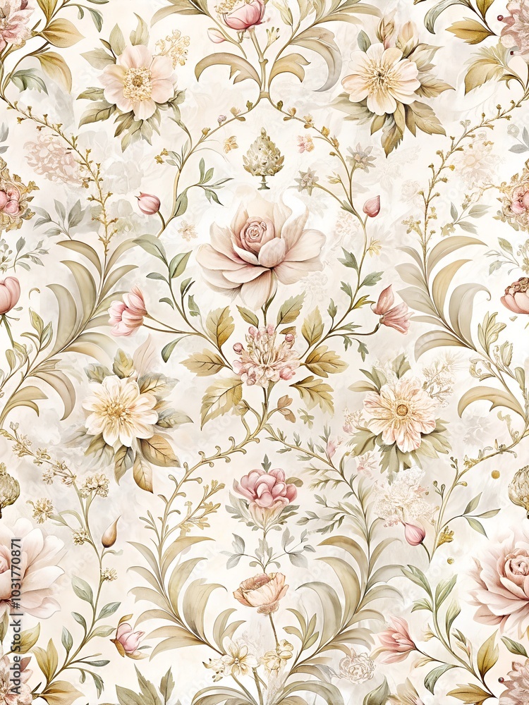 Obraz premium Vintage Inspired Floral Pattern with Delicate Blooms and Green Foliage on a White Background