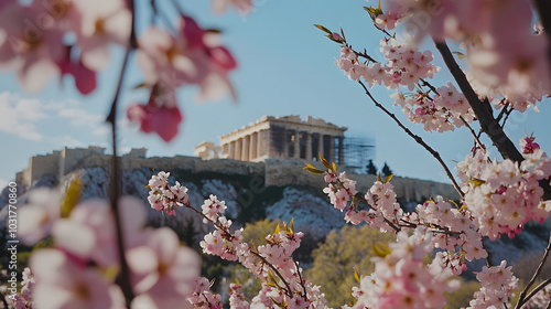 The Acropolis framed by blossoming almond trees in spring with the Parthenon rising above the colorful blooms. photo