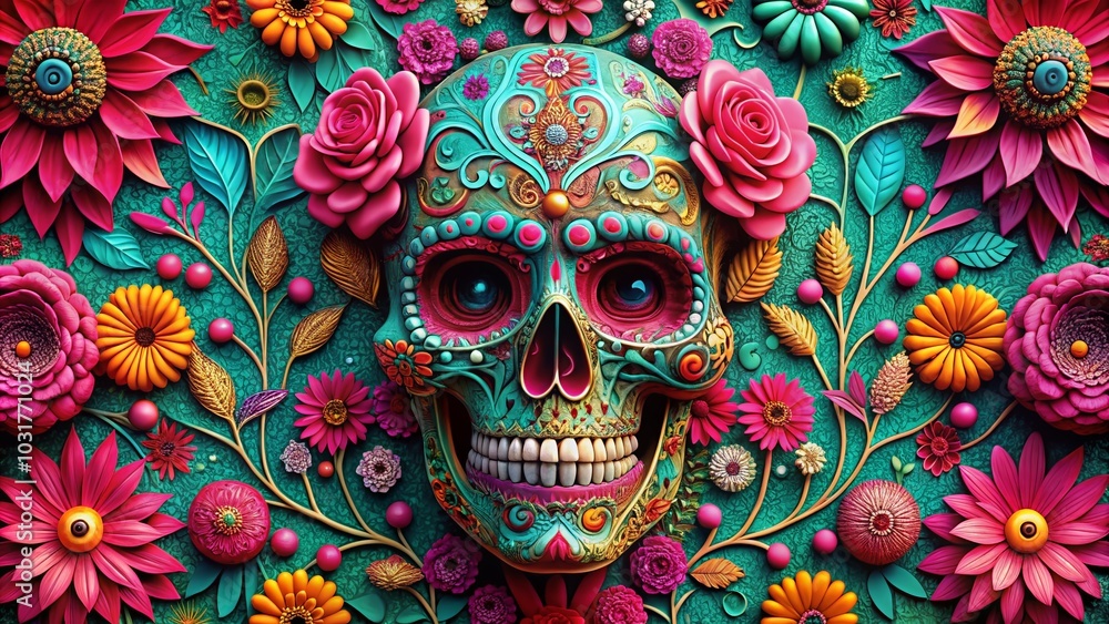Vibrant Pink and Turquoise Abstract Pattern with Day of the Dead Skull for Unique Decor Vibrant Pink and Turquoise Abstract Pattern with Day of the Dead Skull for Unique Decor