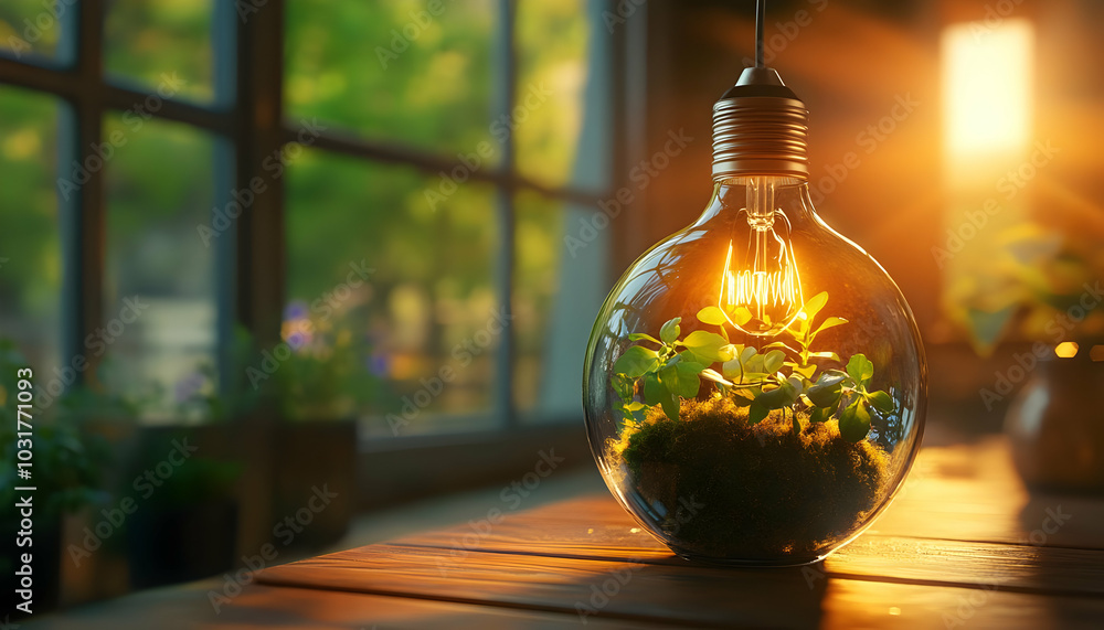 Light Bulb Terrarium with Green Plants and Warm Light. Light Bulb Terrarium with Green Plants and Warm Light.