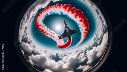 Wide-Angle View of Jet Performing Aerial Acrobatics with Turkish Flag Smoke Trail Against a Blue Sky – Dynamic and Dramatic Aerial Show photo