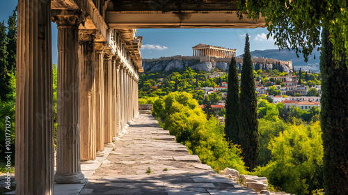 The Acropolis framed by the columns of the Stoa of Attalos in the Ancient Agora offering a layered view of Athenian history.