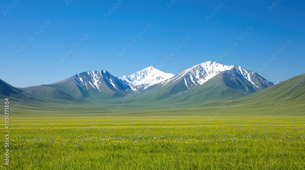 Fototapeta premium A bright landscape featuring green fields and snow-capped mountains under a clear blue sky.