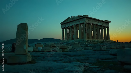 The Acropolis lit by the last rays of the setting sun with the ruins glowing warmly against the darkening sky. photo