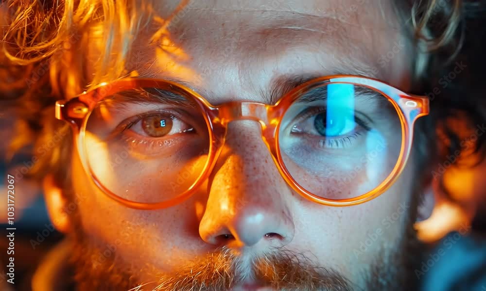 Close-up of a person with vibrant glasses reflecting digital screens in a creative studio Close-up of a person with vibrant glasses reflecting digital screens in a creative studio