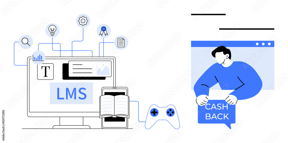 Depicts a computer screen with LMS, symbols of education and technology, and a person holding a cashback sign. Ideal for education, technology, online learning, gamification, rewards programs. Modern Depicts a computer screen with LMS, symbols of education and technology, and a person holding a cashback sign. Ideal for education, technology, online learning, gamification, rewards programs. Modern
