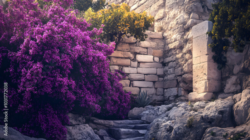 The Acropolis partially hidden behind a wall of bougainvillea with the vibrant purple flowers providing a beautiful contrast to the ancient stones. photo