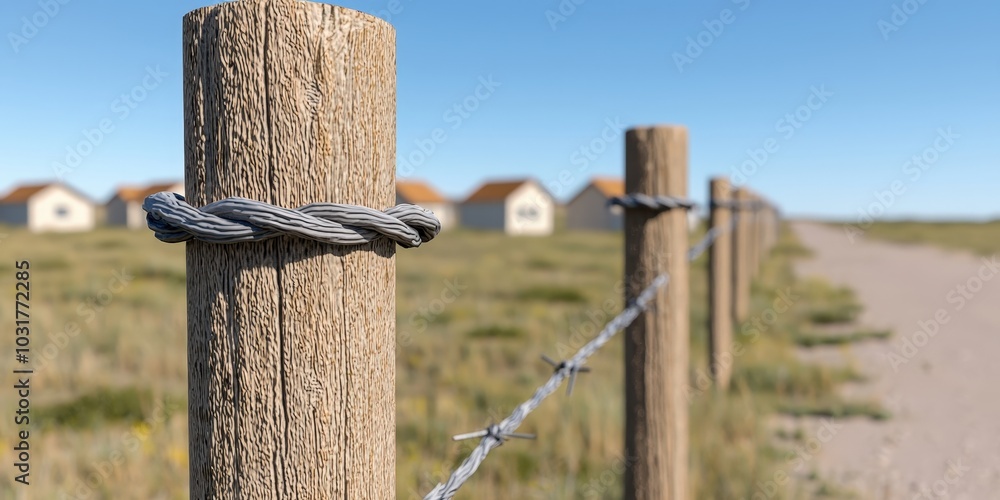 Wooden Fence Post with Barbed Wire and Blurred Houses in Background Wooden Fence Post with Barbed Wire and Blurred Houses in Background
