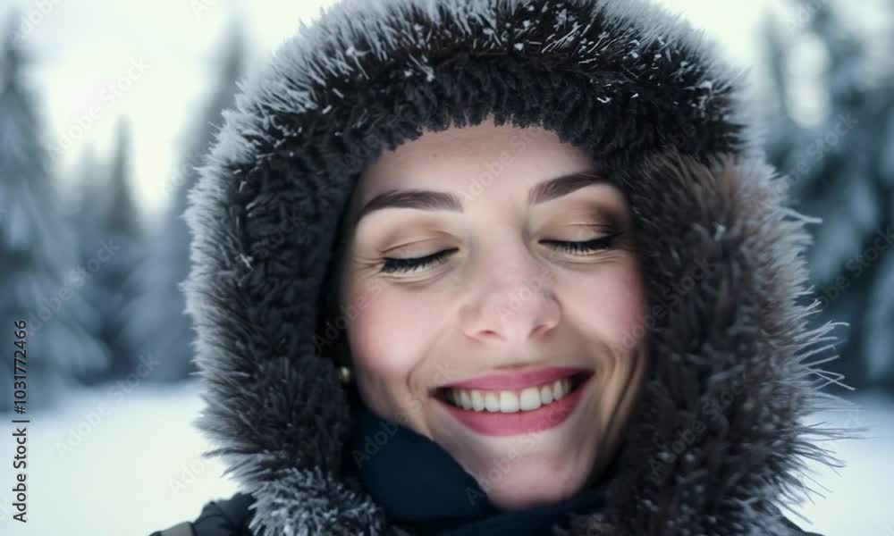 A woman smiles warmly under a furry hood, her eyes sparkling with joy as she stands in a snowy landscape. A woman smiles warmly under a furry hood, her eyes sparkling with joy as she stands in a snowy landscape.