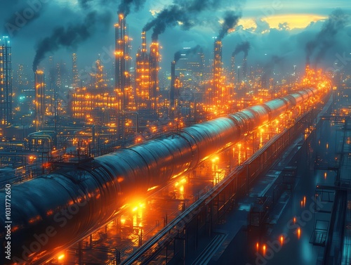 industrial scene featuring large pipelines transporting oil and gas, showcasing the complex process of refining and the movement of resources in a dynamic, energetic environment