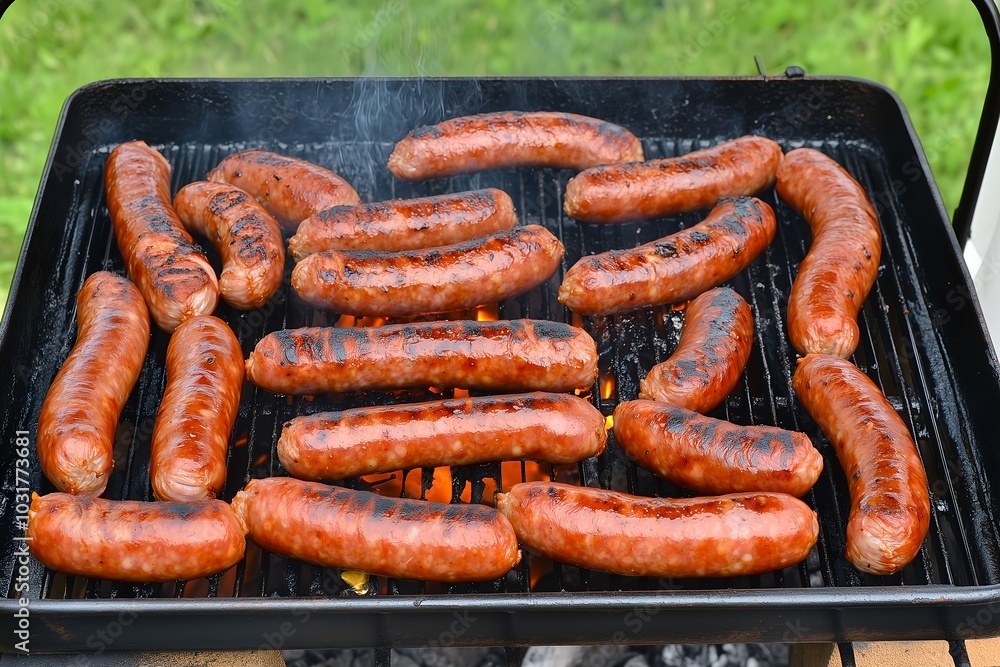 Fototapeta premium Grilled sausages sizzling on barbecue grill outdoors