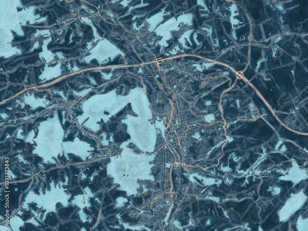 Naklejka premium Painterly Style City Map of Gera, Germany in a Blue Color Scheme.