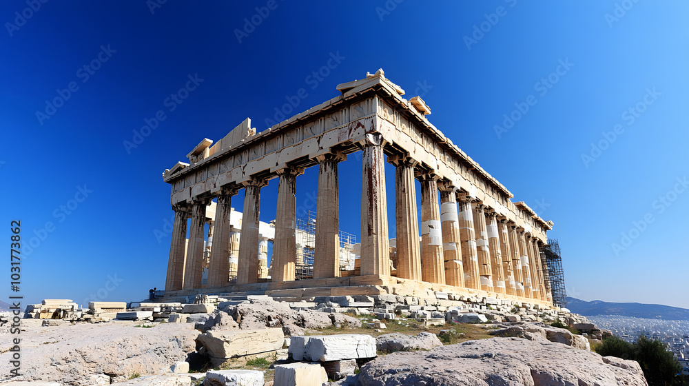 Obraz premium The ancient Parthenon standing proudly atop the Acropolis in Athens under a bright clear blue sky.