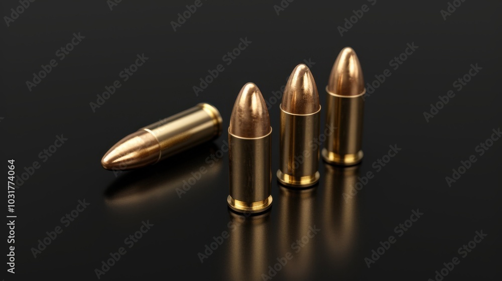 There are four gold bullets arranged neatly in a straight row There are four gold bullets arranged neatly in a straight row