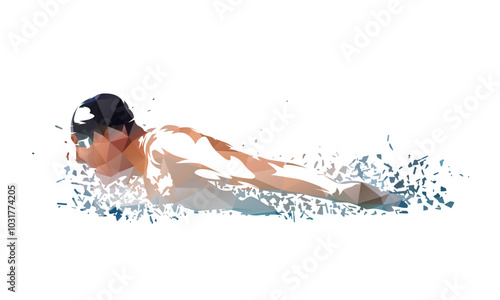 Swimming, swimmer butterfly logo, side view, isolated low poly vector illustration. Watter sports