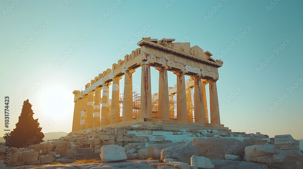 Fototapeta premium The Parthenon illuminated by golden hour light with the clear blue sky providing a stunning contrast to the white marble of the ruins.