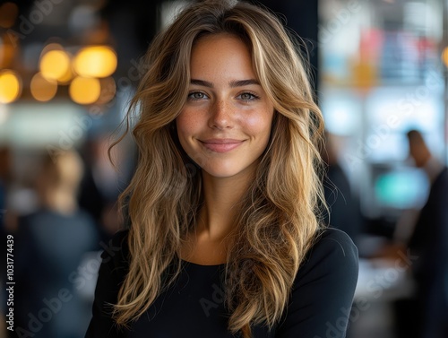 joyful female accountant stands at her firm's entrance, radiating pride and success, surrounded by financial charts and bustling investors. the ambiance is one of achievement and aspiration