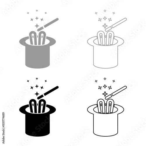 Hare ears in wizard's hat magic wand wizard conjure cylinder bunny rabbit appearing trick concept set icon grey black color vector illustration image solid fill outline contour line thin flat style