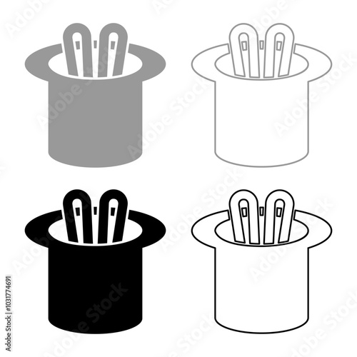 Hare ears in wizard's hat wizard conjure cylinder bunny rabbit appearing trick concept set icon grey black color vector illustration image solid fill outline contour line thin flat style
