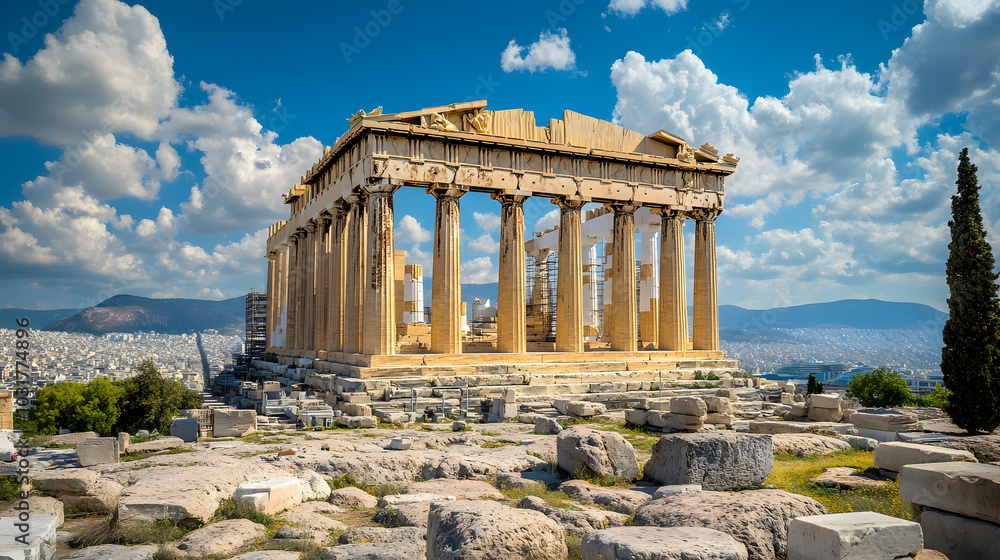 Obraz premium The Parthenon seen from the rooftop of a nearby building with the urban sprawl of Athens surrounding the ancient monument.